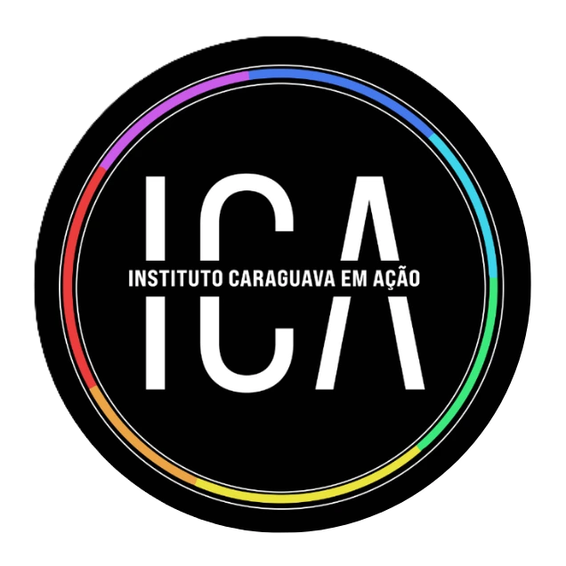Logotipo em circulo preto com aro colorido e nome do ICA no centro.